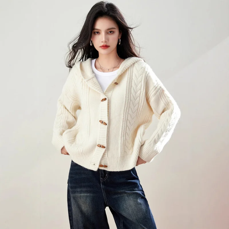 2024Autumn and Winter New Retro Fashion Soft Glutinous Loose Hooded Horn Button Cable-Knit Sweater Knitted Cardigan Coat for Wom