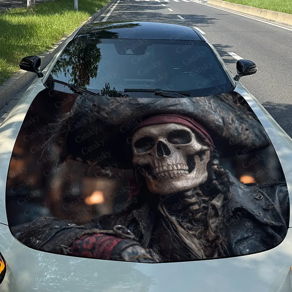 Skeleton Pirate Captain Car Hood Sticker, Premium Vinyl Sticker For Automotive Exterior Customization, Durable PVC Vinyl Wrap
