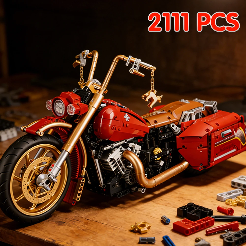 

2111 PCS 1:5 Scale Red Gold Classic Motorcycle Building Blocks Static Motorbike Model DIY Toys for Kids Adults Collectible Gift