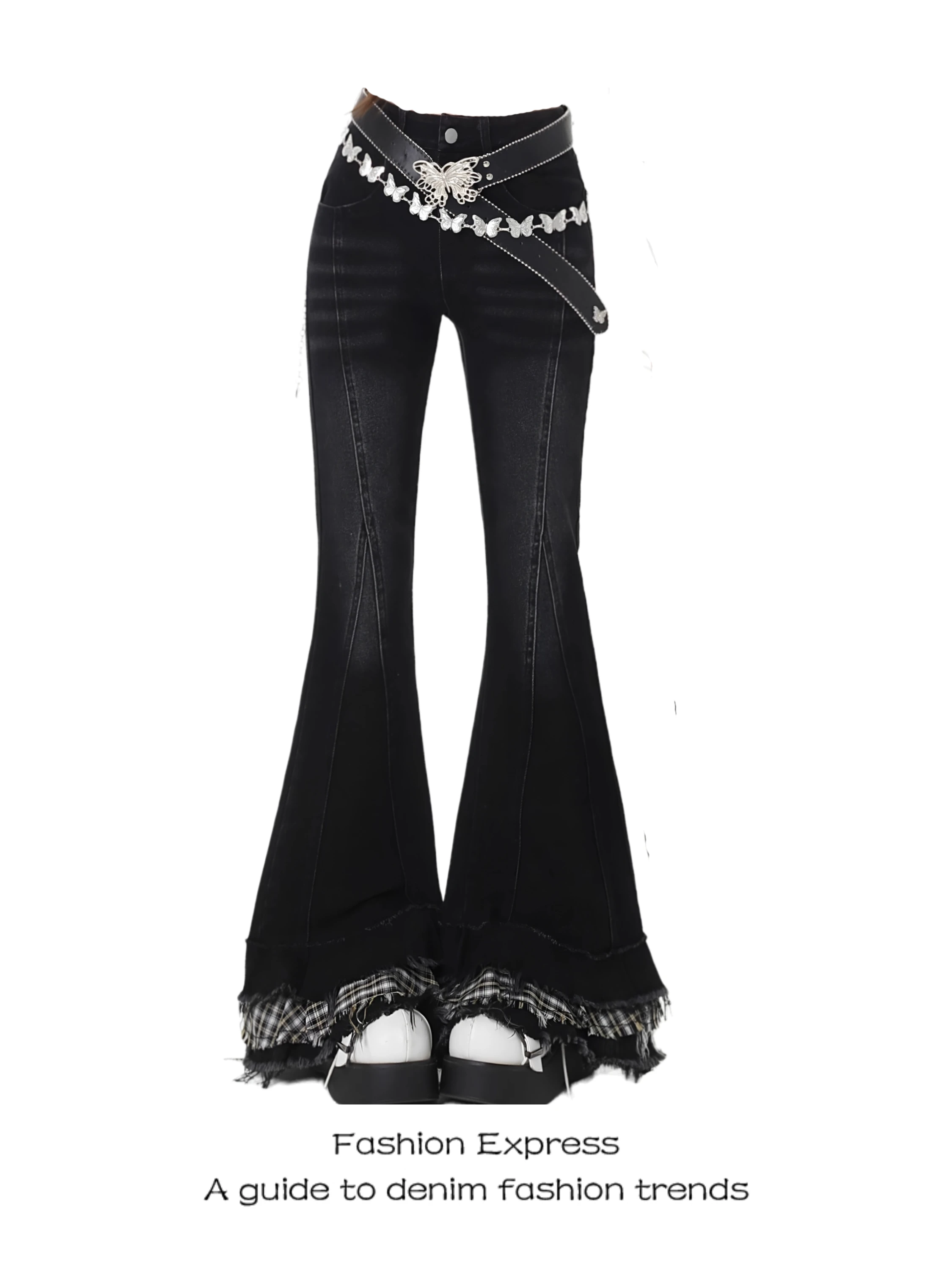 

Ретро-джинсы в американском стиле с кружевной отделкой и клетчатым узором, с высокой талией, широкими штанинами, повседневные, зимние, новые, женские, микро-клеш, в пол