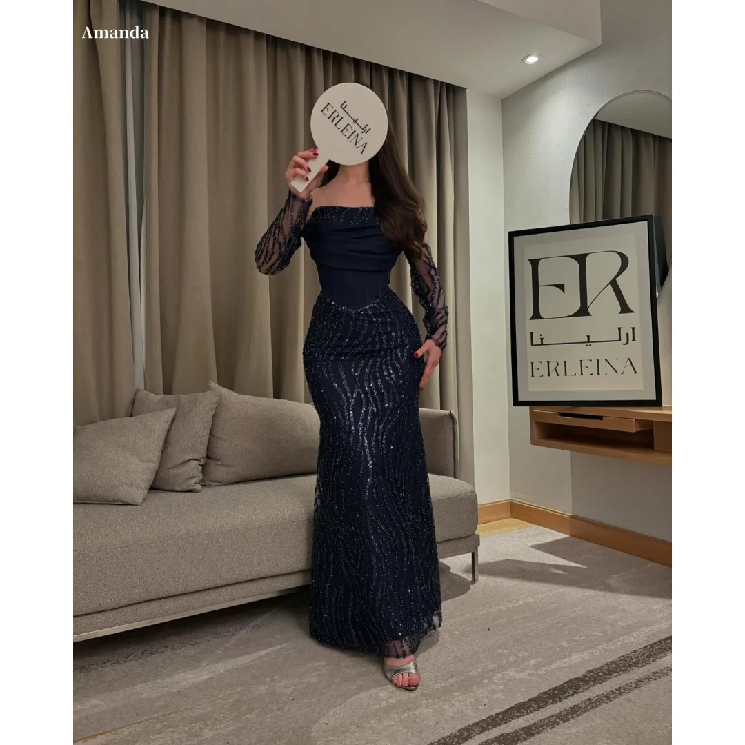 

Amanda Customized Navy Blue Off Shoulder Sheer Long Sleeve Sequin Prom Dress Mermaid Formal Evening Elegant vestidos de noche