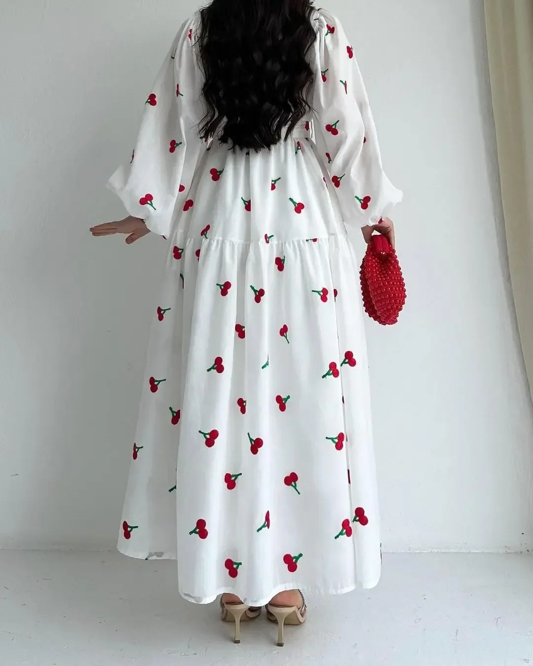 Long Summer Dress Women Bow A Line High Waist Flower Cherry Print Dresses Sexy V-neck Elegant White Dresses New 2024 Vestidos