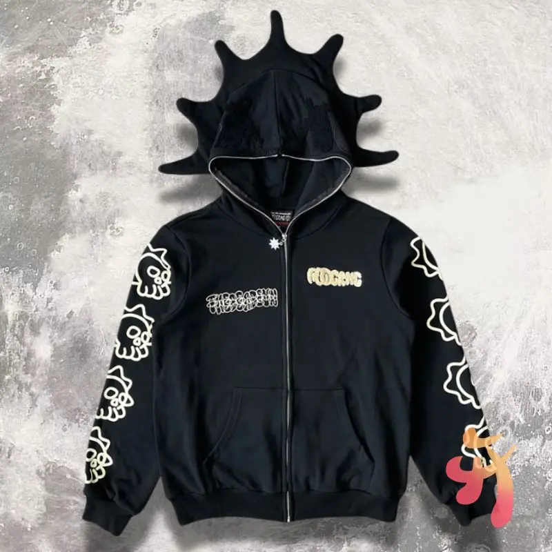 Winter Hiphop Street Glo Gang The Glory Jackets Towel Embroidered Skull Joker Zippered Hoodie Men Women Black Sweatshirts