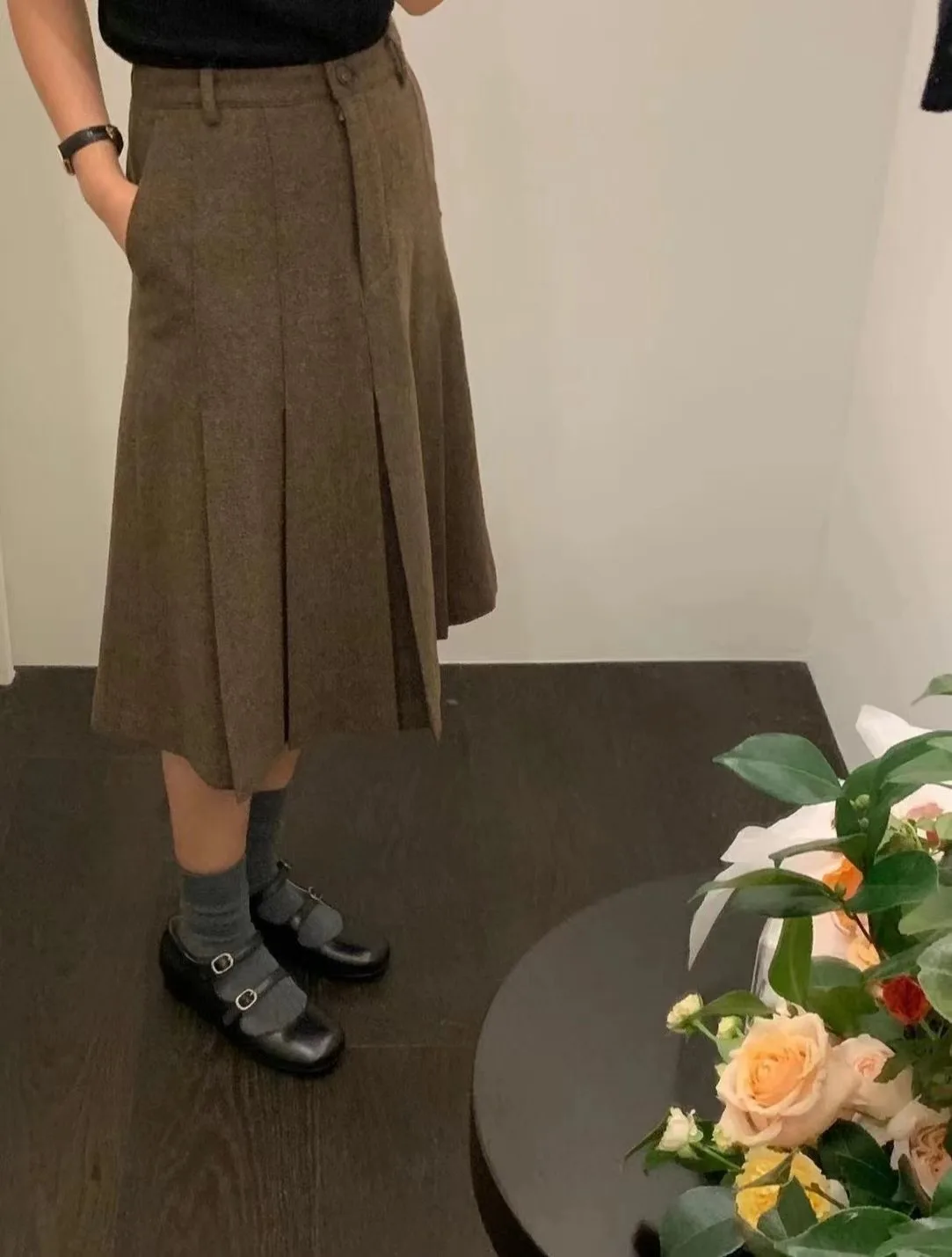 

High Waist Wool Skirt Midi A-Line f Body Skirt Pleated Versatile Vintage Sle Commute Friendly Long Zipper