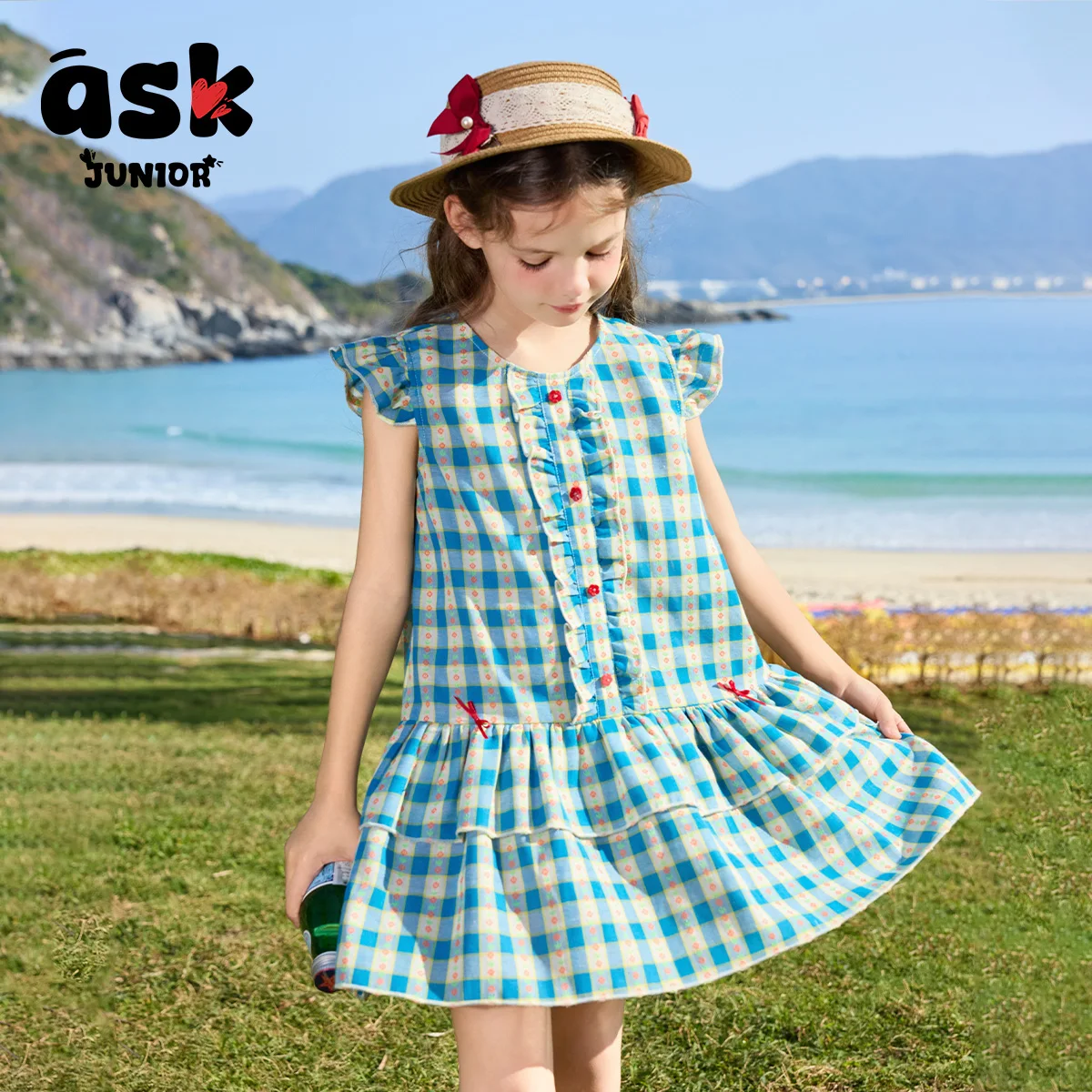 اسأل جونيور بنات سترة تنورة الصيف أزياء منقوشة التباين اللون الفتيات اللباس #4