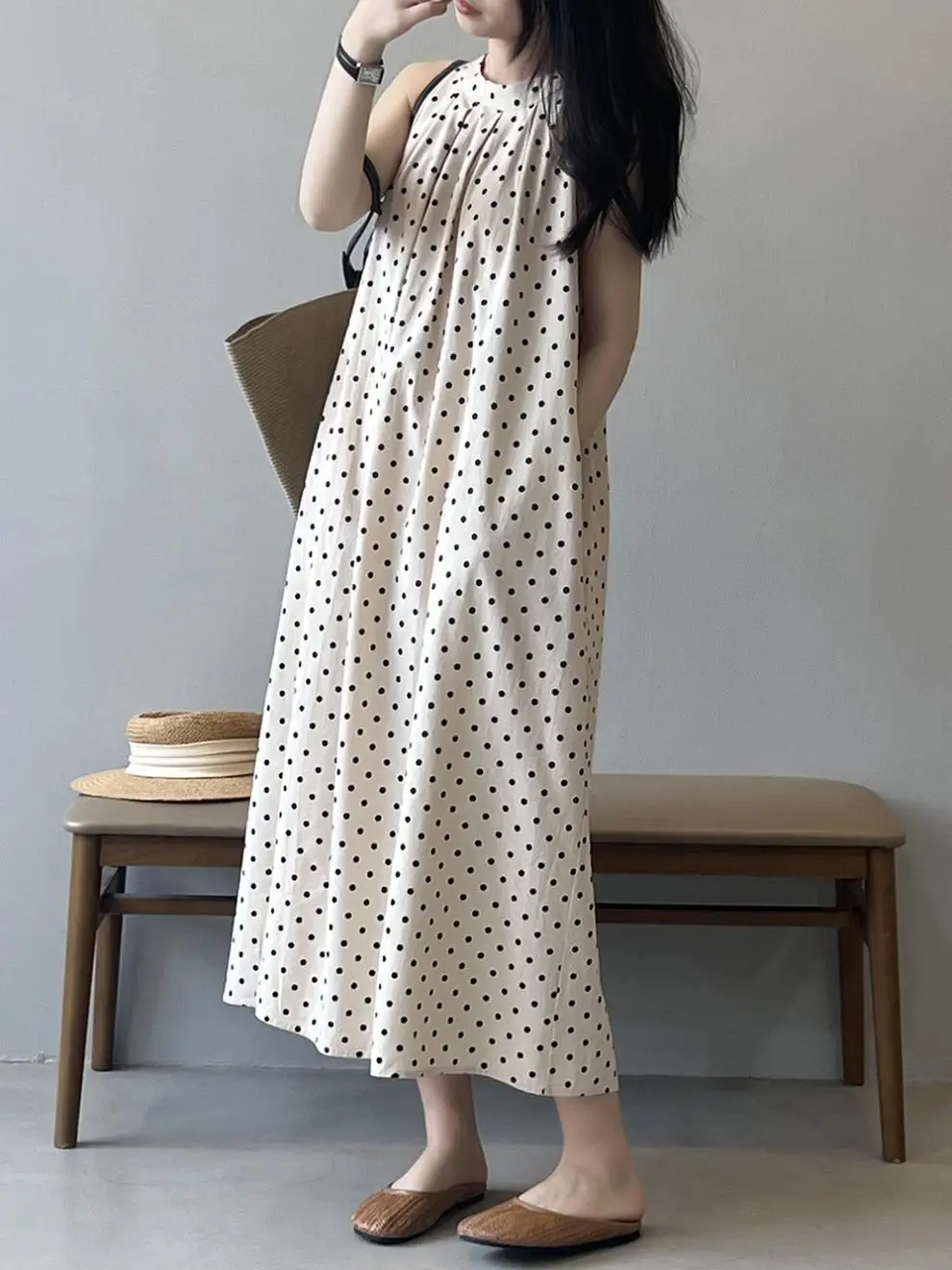 Abito estivo a pois Abito da donna pigro per le vacanze con cinturino francese Abito lungo a trapezio Design senza maniche T-shirt lunga Abito girocollo