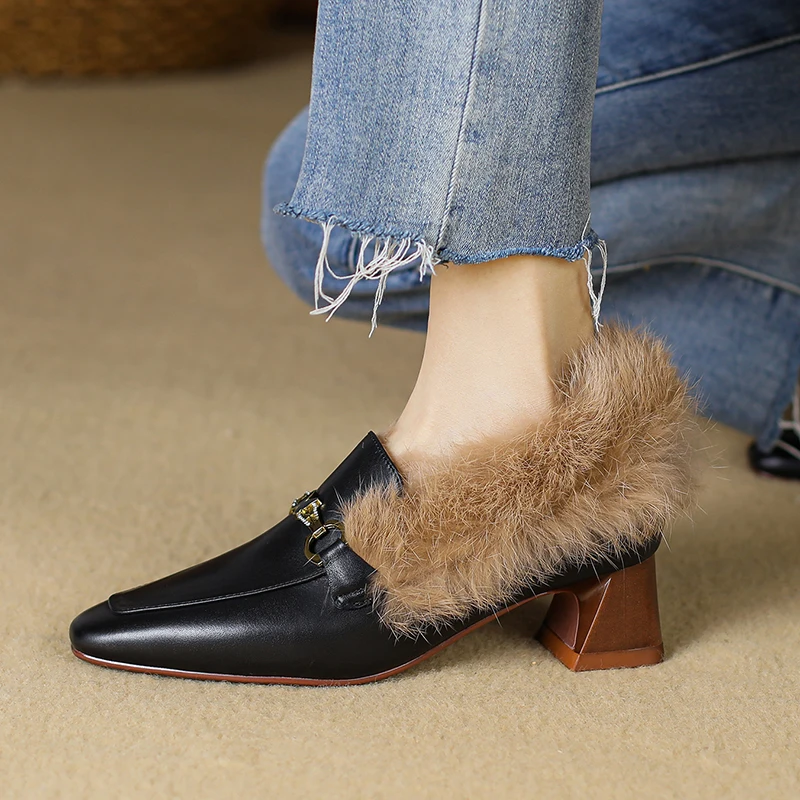 

Women's Flared Heel Leather & Shearling Loafers with Horsebit, Square Toe Slip-On Mules with Rhinestone & Butterfly Metal Detail