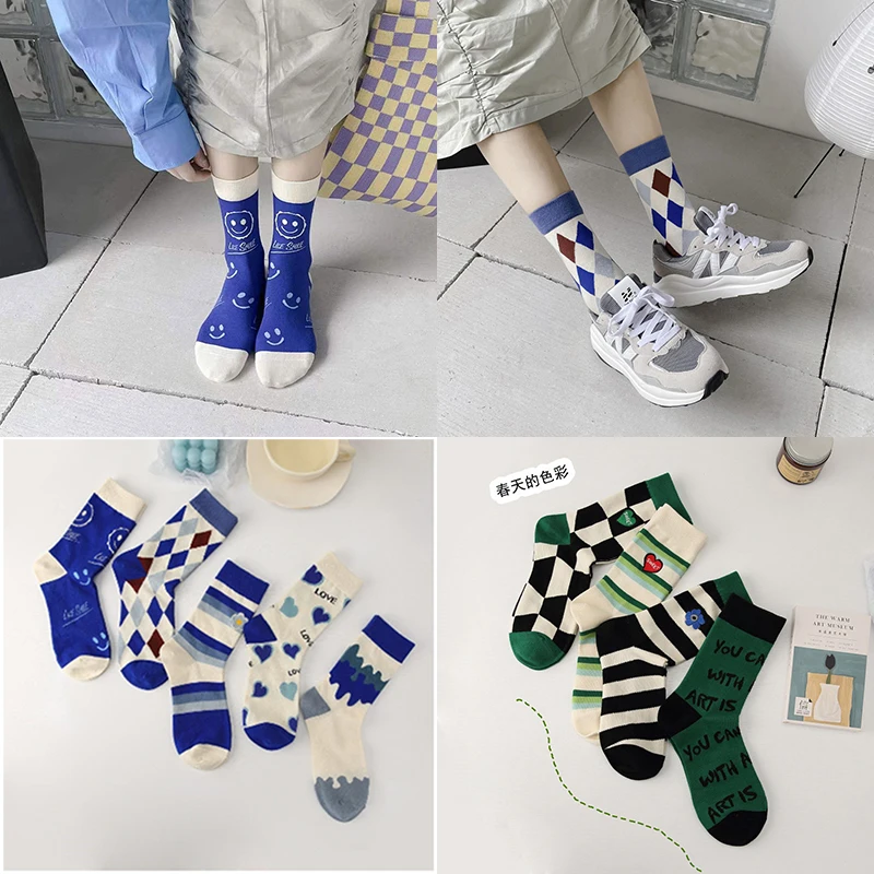 

Street Smiley Sports Student Socks Green Houndstooth Checkerboard Plaid Cotton Socks Men and Women Embroidered Love Socks