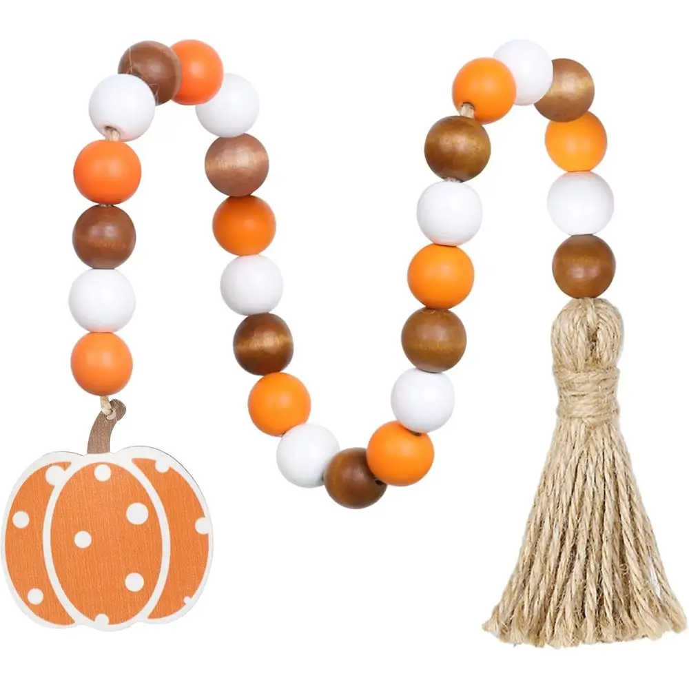Wooden Bead Garland Tassel Pumpkin Tag Tiered Tray Decor Halloween Tassel Garland Wall Hanging Harvest Thanksgiving