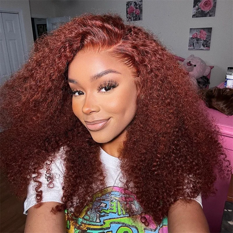 

Reddish Brown Curly Wigs 13x4 13x6 HD Lace Front Wig 250 High Density Kinky Curly 100% Remy Gluess Wigs Human Hair For Women