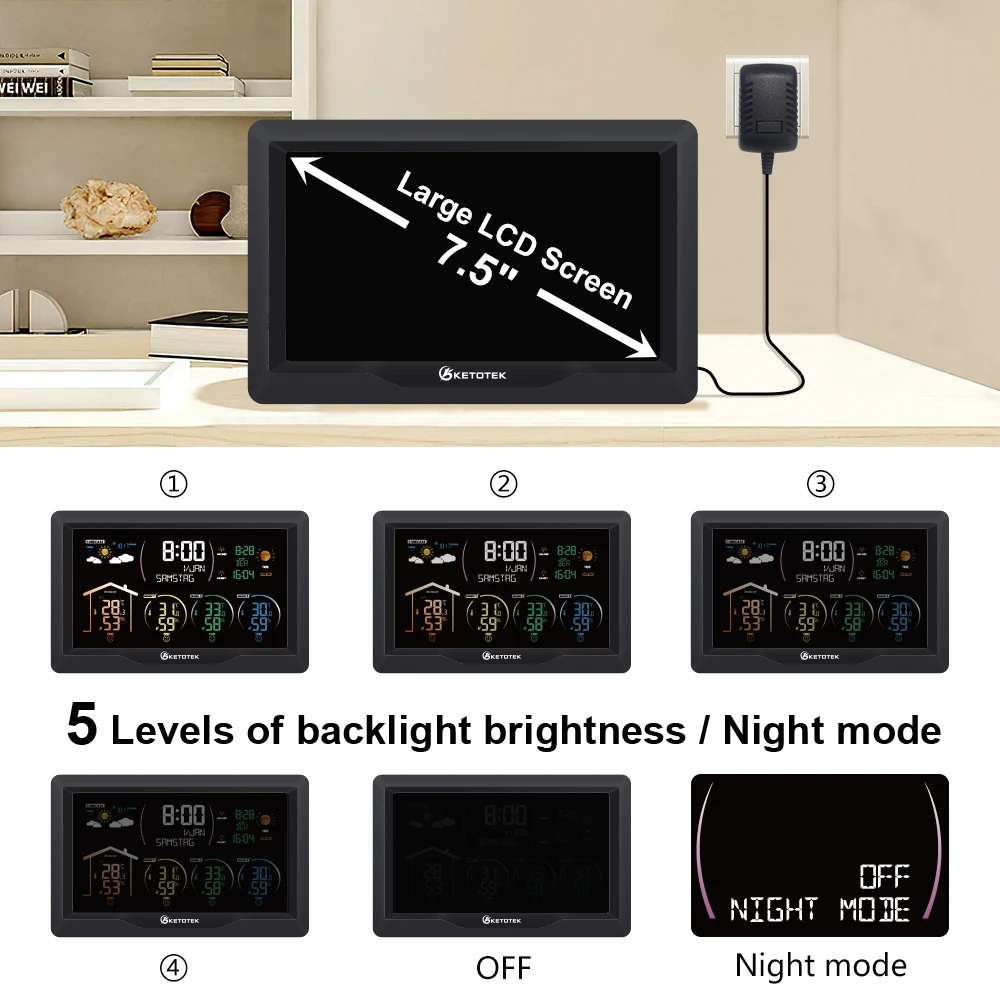 KETOTEK Wireless Weather Station Indoor Outdoor Weather Forecast Station with Outdoor Sensor Digital thermometer