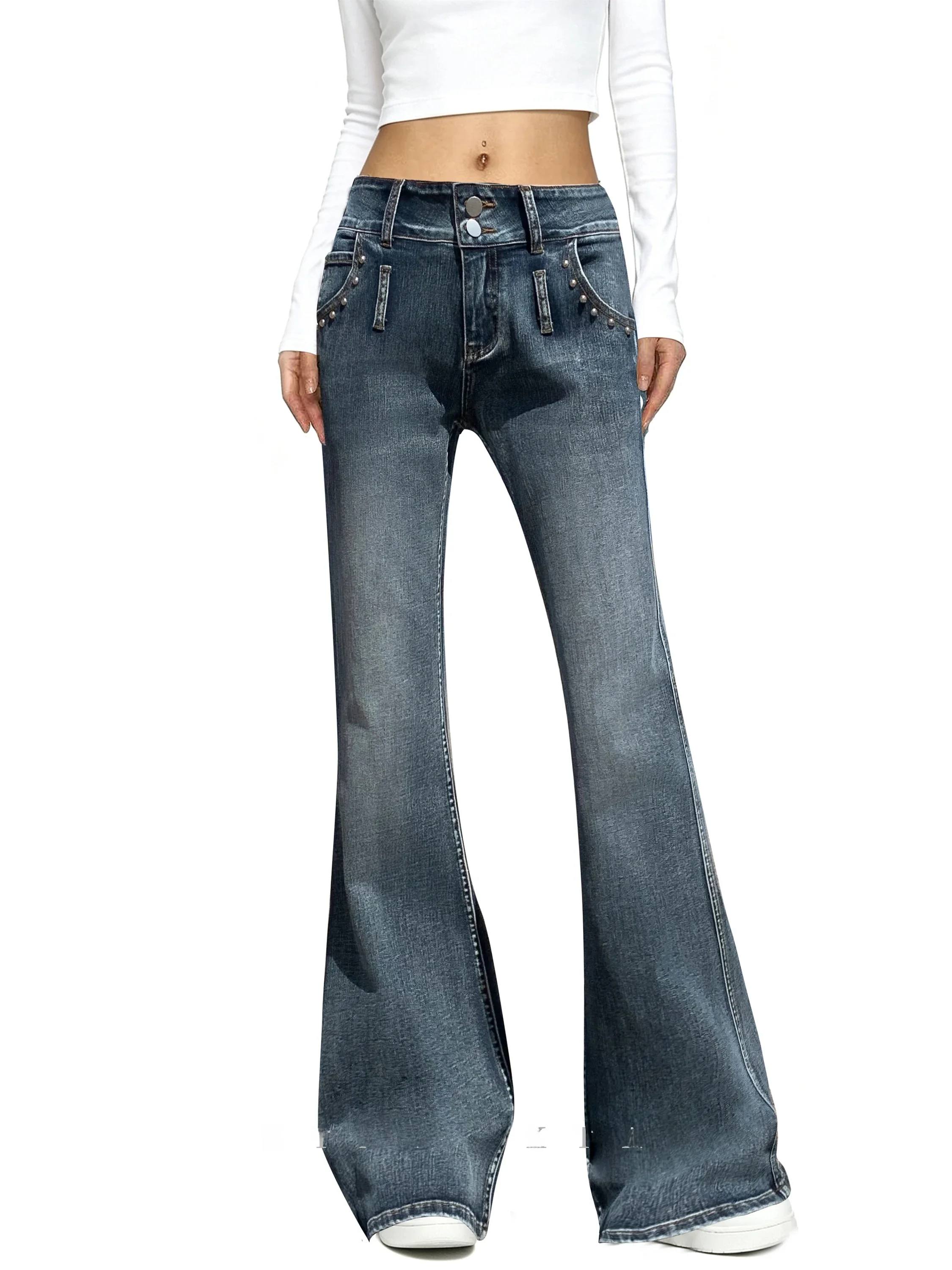 Blue Grey  Embroidered Beaded Slimming Straight Leg Micro Flared Pants Casual Low Waist Denim Cotton Blend Jeans
