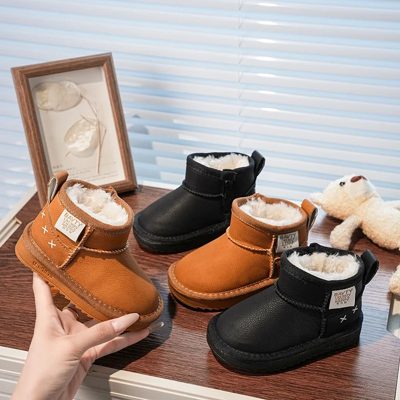 

Детские термосапоги на толстом меху, детские ботильоны в корейском стиле, зима 2024, новые кожаные ботинки для мальчиков и девочек, детские короткие ботинки