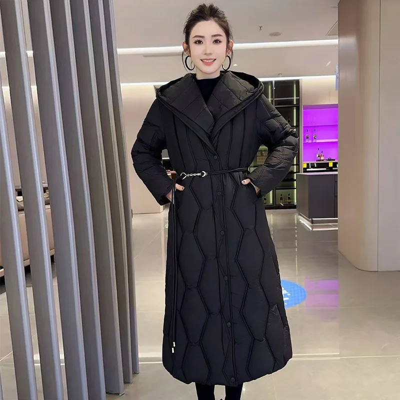 2026 Fashion Diamond Lattice X-long Cotton-padded Jacket Women's Winter Parkas Hooded Thicken Quilted Coats Largesize Outerwear