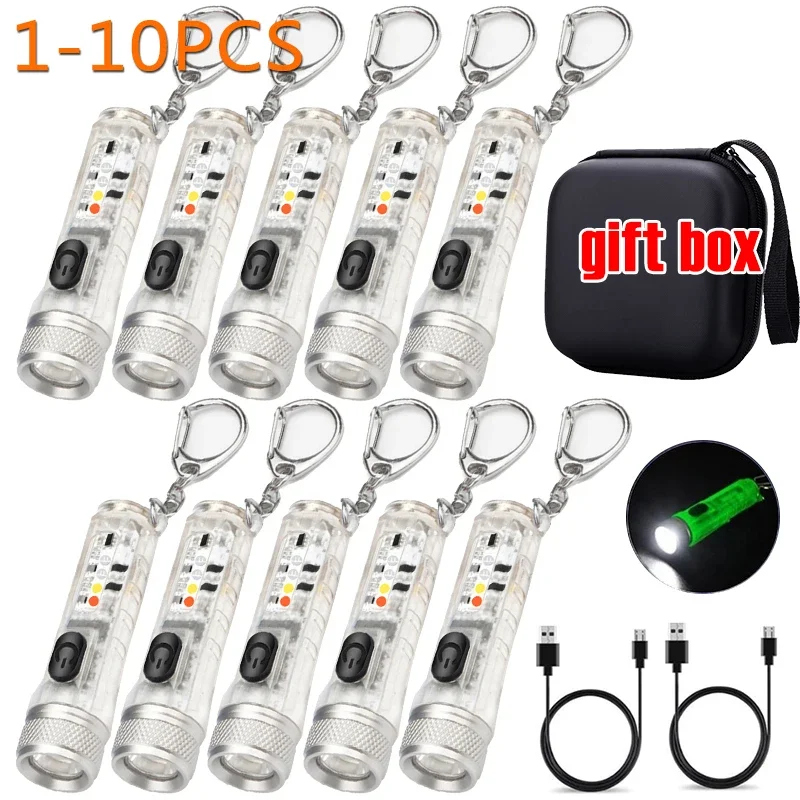 1-10PCS Multifunctional Mini Keychain Flashlights Rechargeable LED Emergency Torch With Magnetic Fluorescence Outdoor Lantern