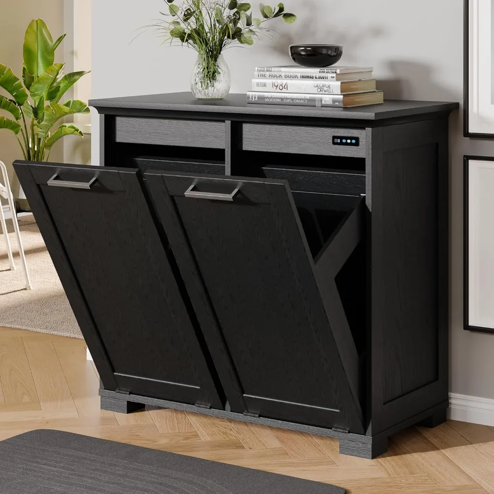 

Tilt Out Trash Cabinet Wooden, Double Door 2x10 Gallons, Black Finish