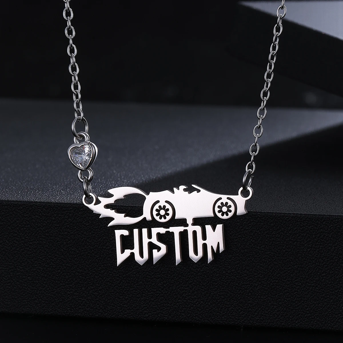 

Customized Name Stainless Steel Hollow Racing Necklace Men's and Women's Fashionable Pendant Necklace