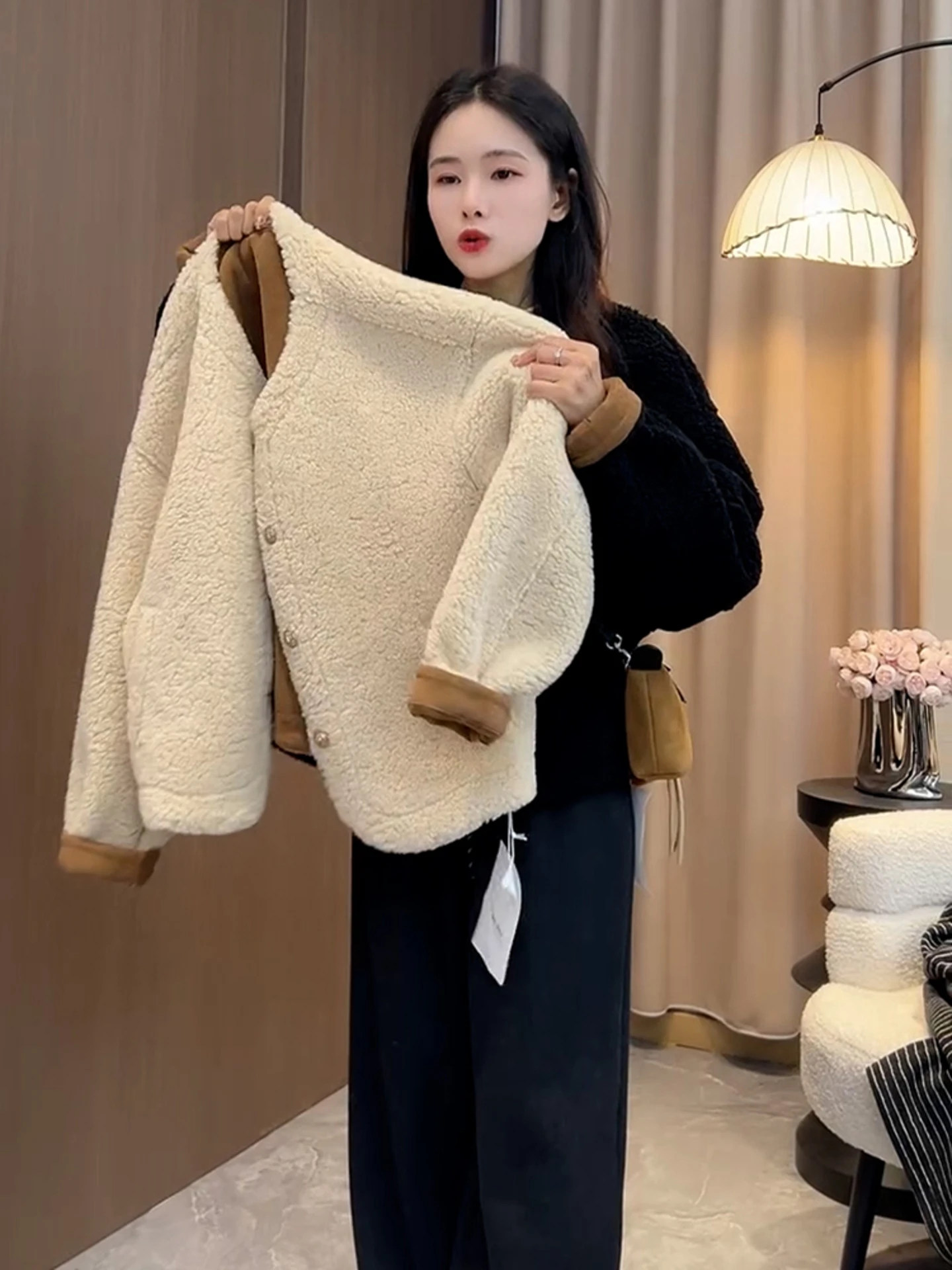 معطف أنيق من فرو الخروف للنساء، معطف كاجوال دافئ جديد لفصلي الخريف والشتاء، ياقة مستديرة وأكمام طويلة للسيدات