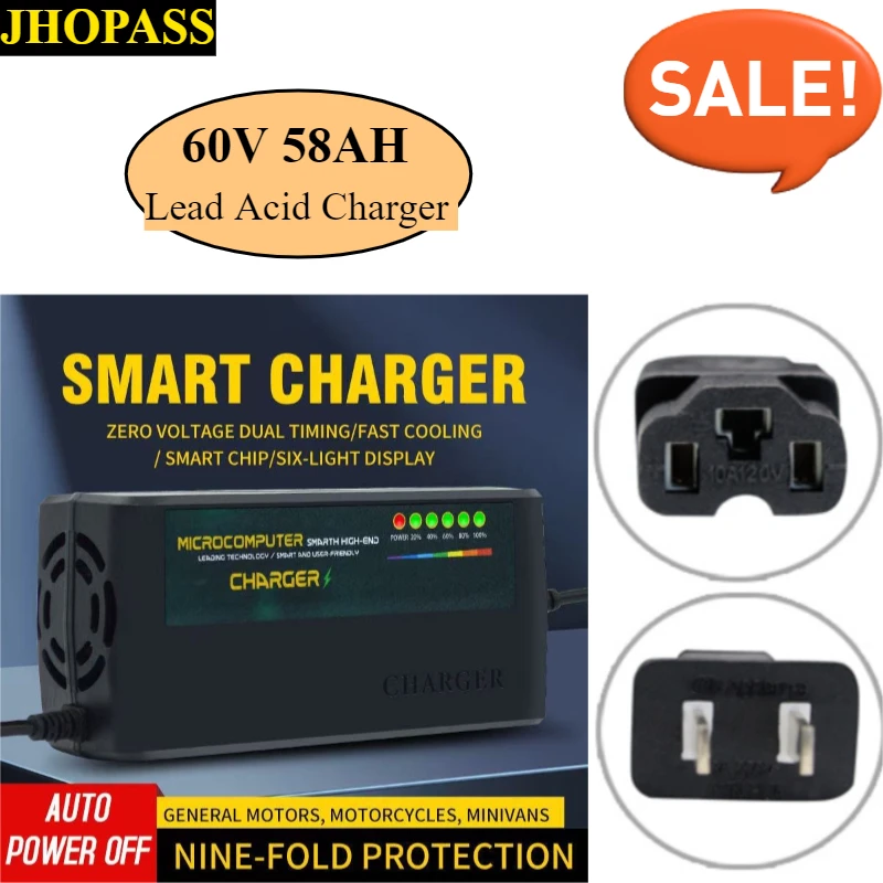 HD 60V 58AH Smart 6LED Display GEL Dry Wet Lead Acid Battery Charger for Motorcycle E-bike Scooter 110V-220V  EU AU UK US Plug