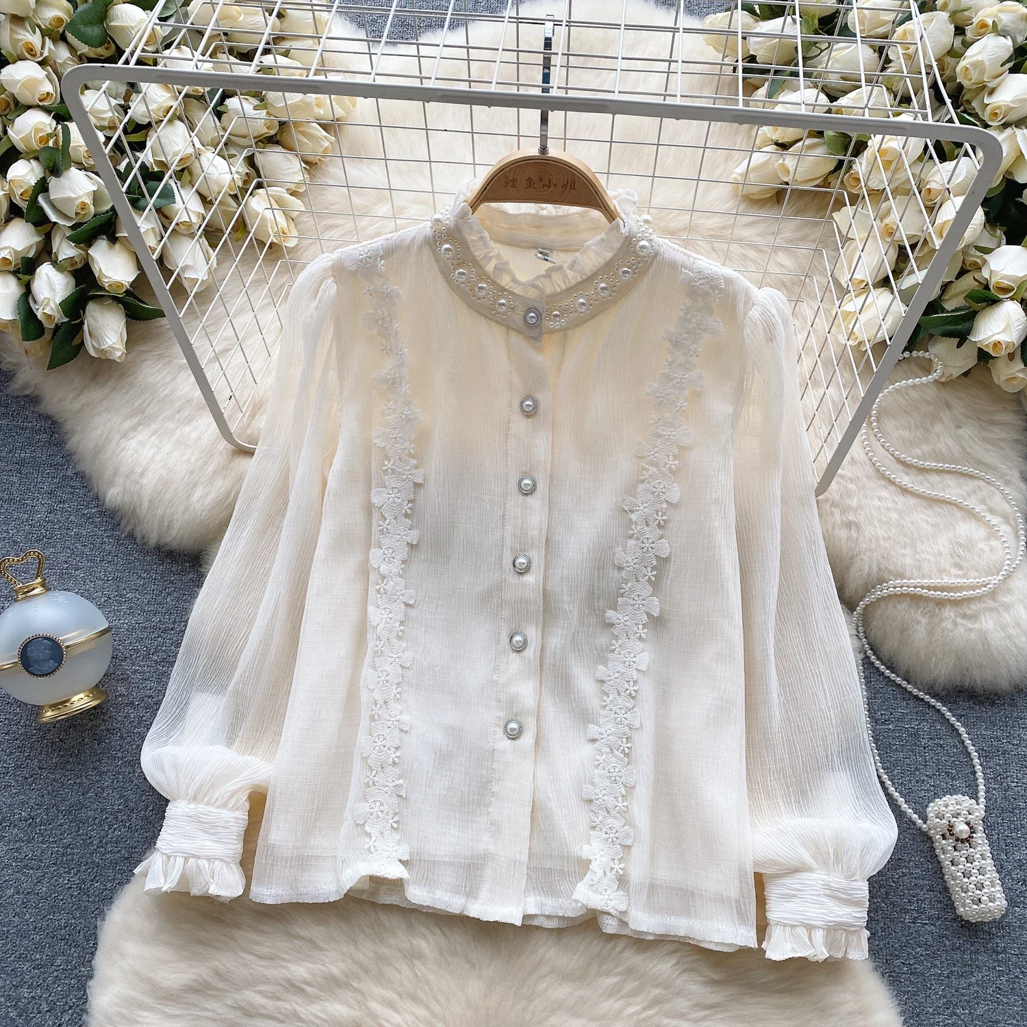 Basics Long Sleeves Casual Stand Neck Hotsweet Vintage Embroidered Beads Lace Fashion Loose Top French High Street Autumn Blouse