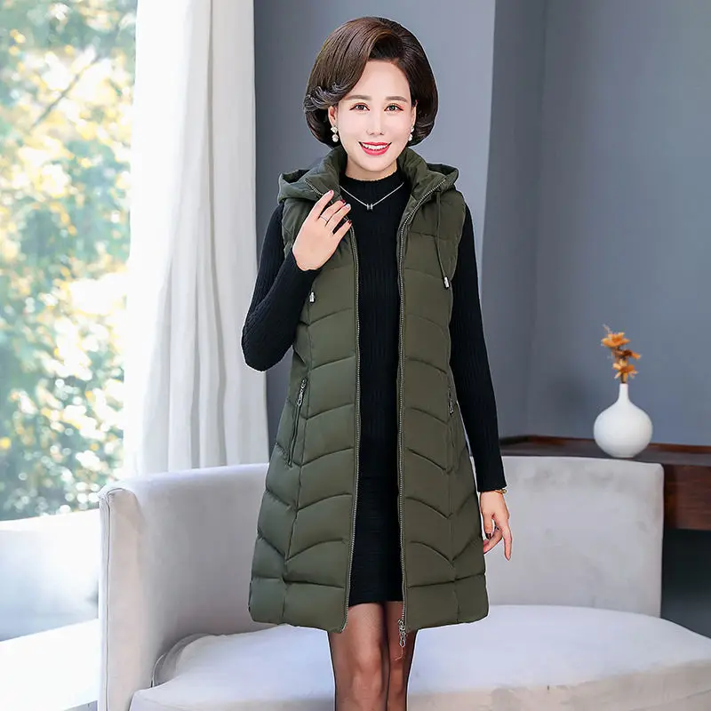 Middle-aged Mother Winter Down Cotton Vest Jacket Thick Parka Hooded Women Sleeveless Long Coat Plus Size 6XL Casual Waistcoat