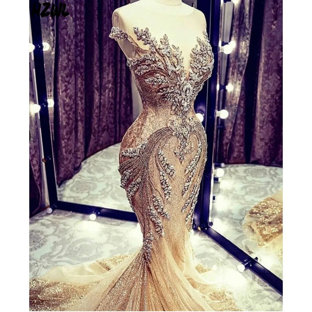 Champagne Mermaid Luxury Crystal Beads Sequin Lace Sweep Train Real Picture Sheer Cap Sleeve Wedding Dresses