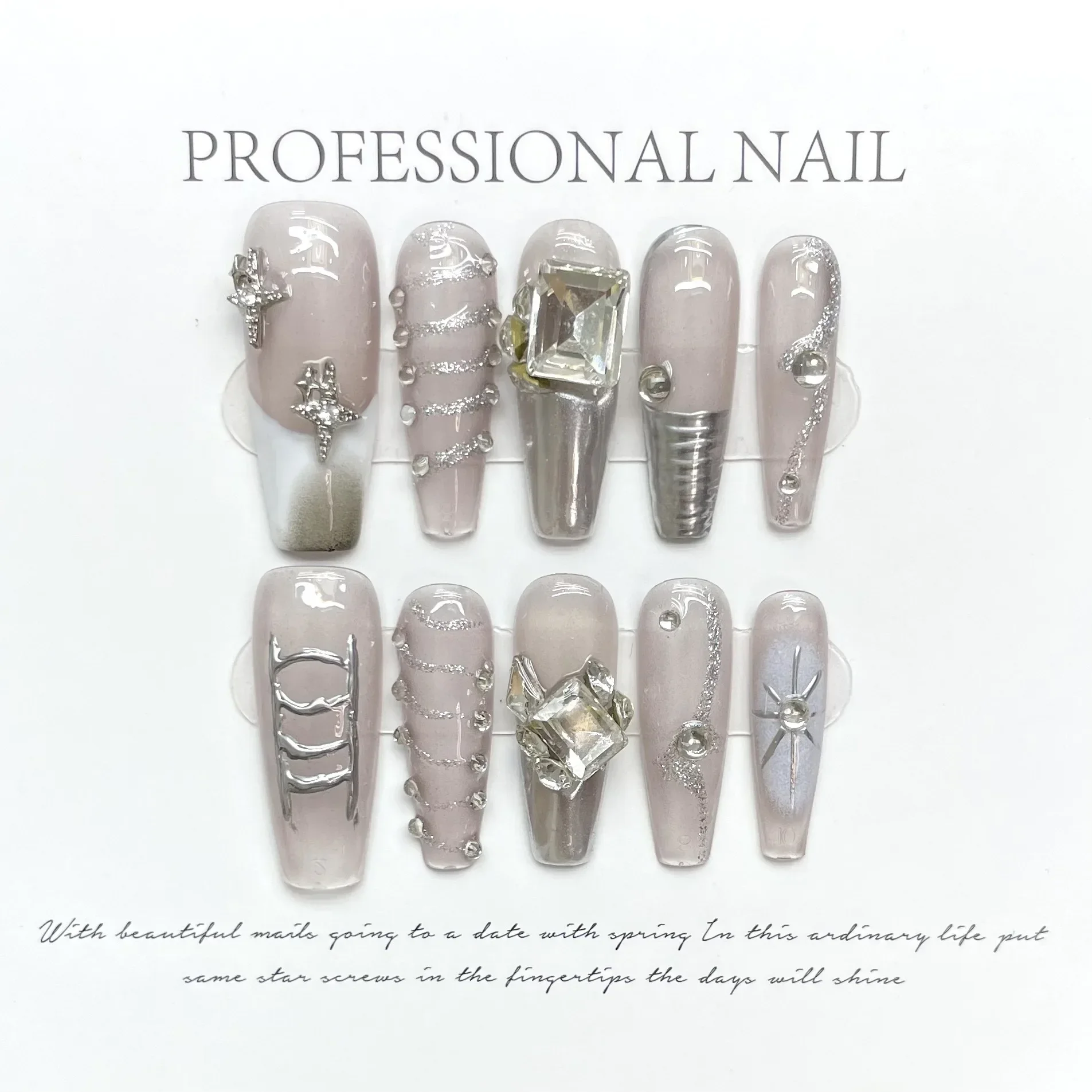 

10Pcs Long Ballet Handmade Press on Nails Coffin False Nails with Rhinestones Full Cover Decoration Wearable Nails Tips Art