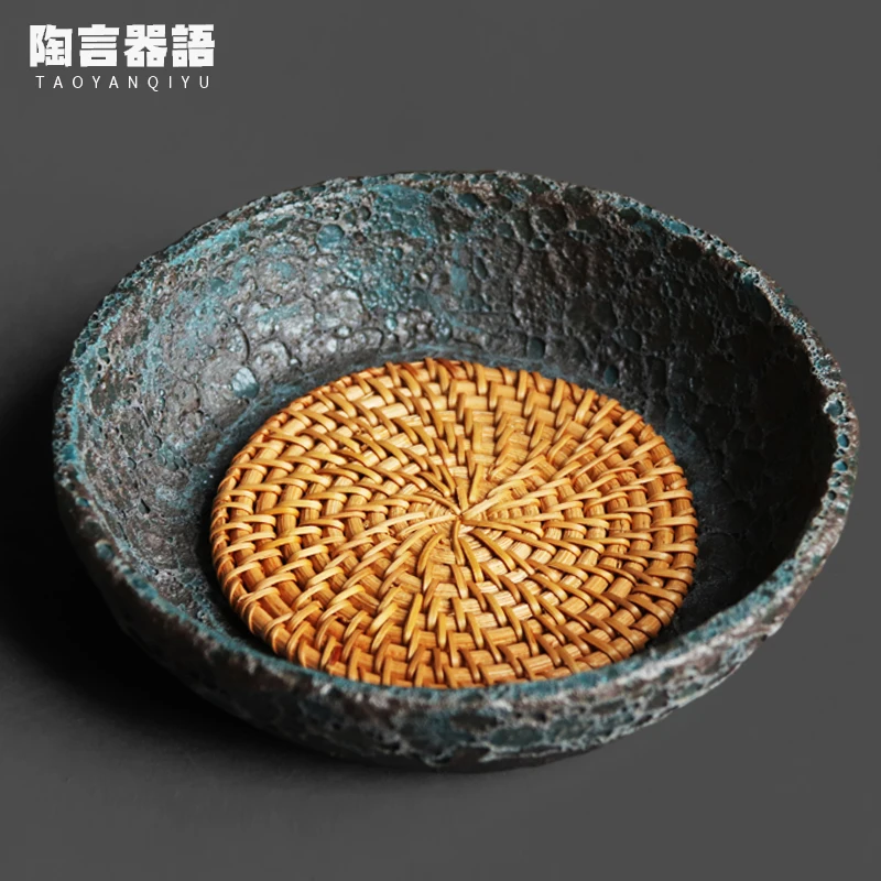 Vintage Rough Pottery Bronze Glaze Wormhole Rattan Cushion Pot Tray (with Rattan Cushion) Raising Zisha Pot Tray