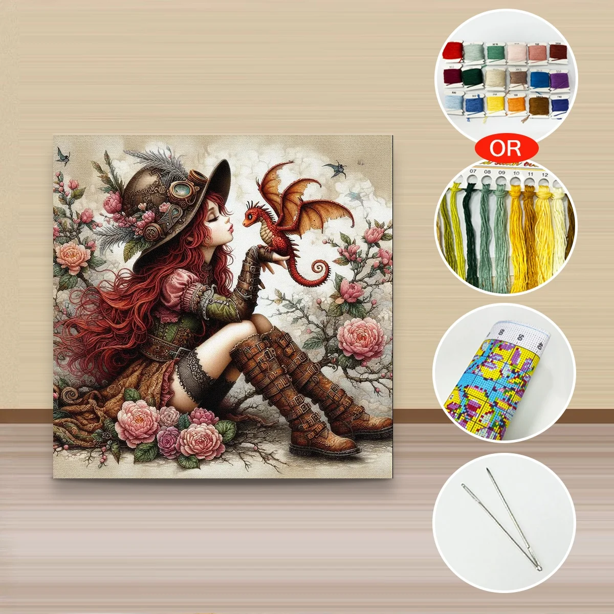 1 Stück 40x40 cm/15,74 Zoll, 11Ct/14Ct Kreuzstich-Set, DIY Valentinstagsgeschenk, Stickerei-Set für Festlichkeiten, Rote Haare Mädchen Drachen Steampunk – Detail 3
