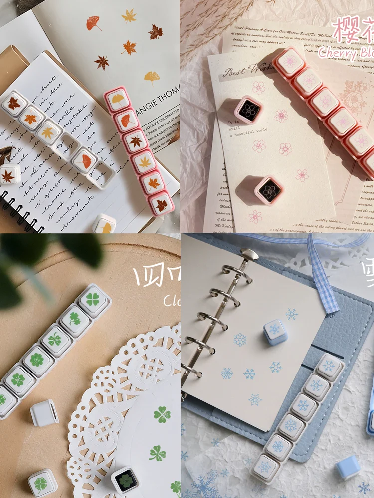 Lot de six tampons quatre saisons : fleurs, feuilles, cerisier, trèfle à quatre feuilles, feuille d'érable, flocon de neige
