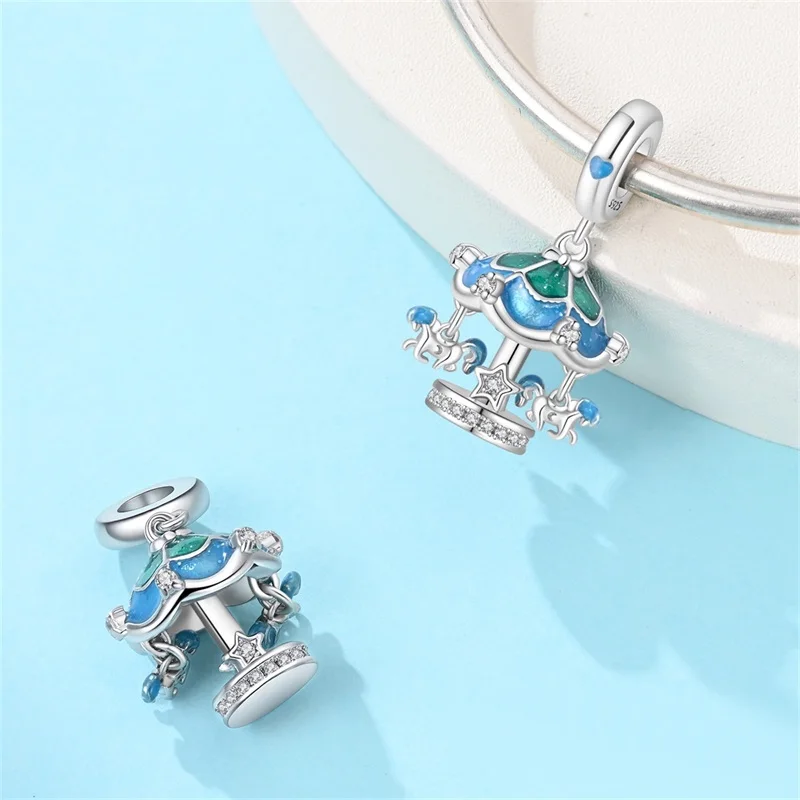 

New 925 Sterling Silver Coastal Carousel Charms Bead CZ Zircon Dangle Fit Original Bracelet DIY For Women Birthday Jewelry Gifts