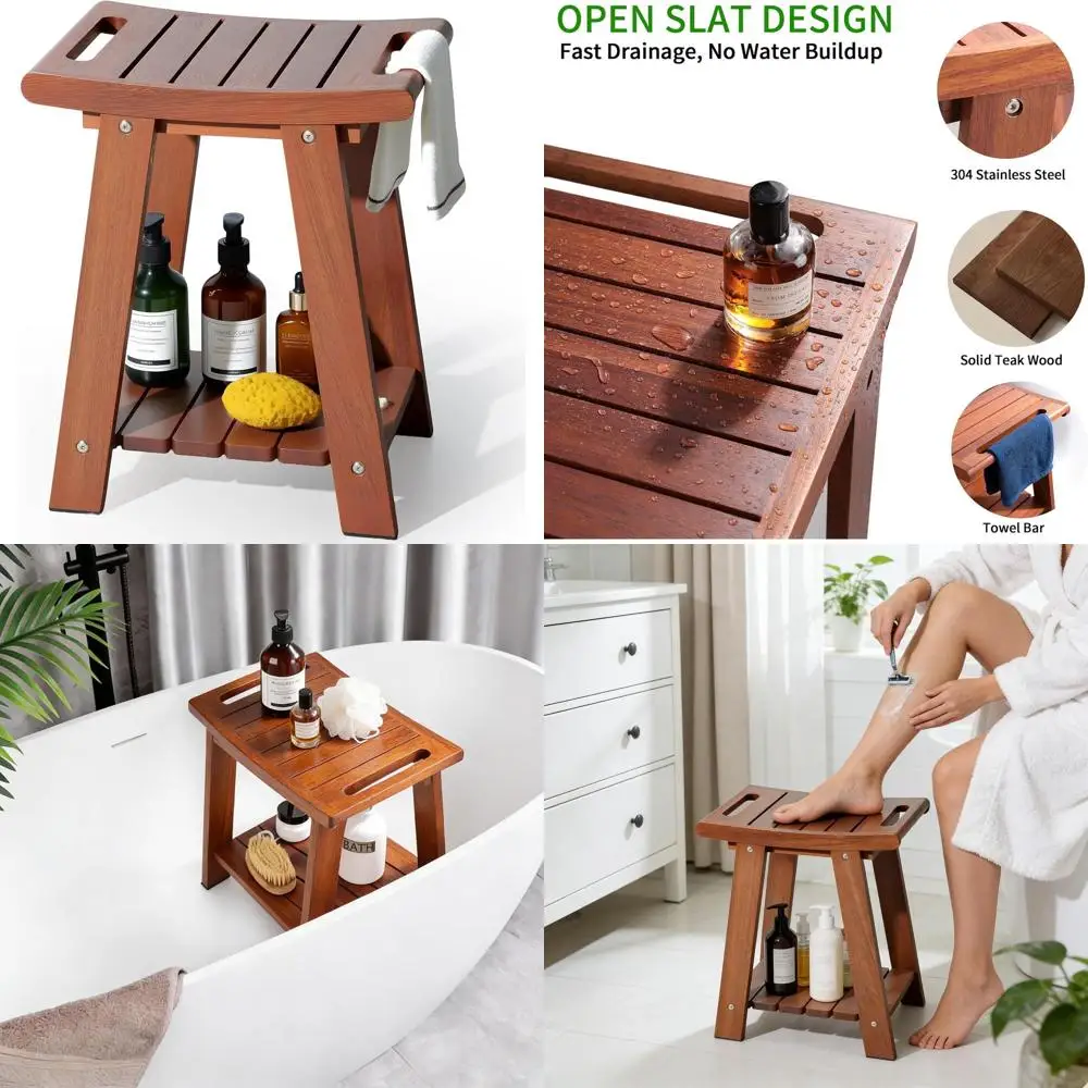 

Medium Size Non-Slip Shower Stool with Shelf and Towel Bar for Waterproof Bath Seats in Small Bathrooms