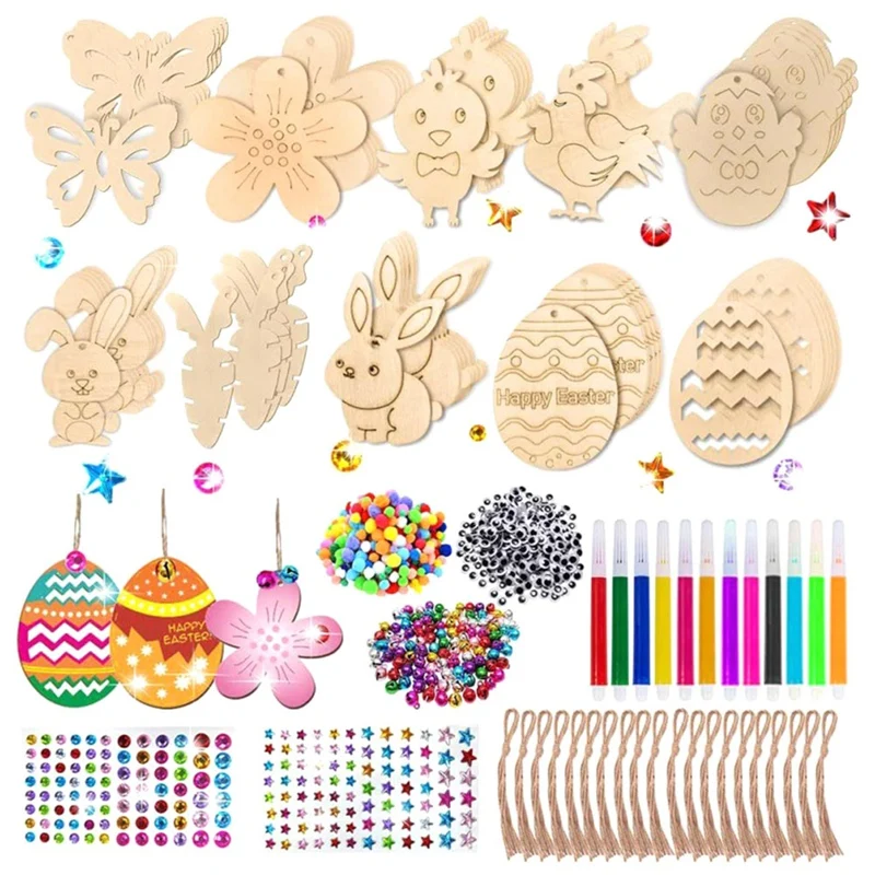 

60Pieces Easter Kids Crafts Wooden Ornaments Unfinished Crafts Set Hanging Embellishments Crafts Kit For Kid Valentines Day Card