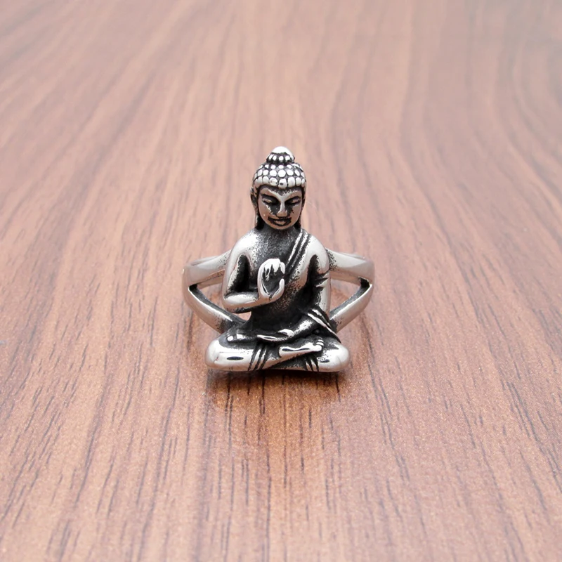 Punk  316L Stainless Steel Classical Buddhism Solemn Buddha Statue Metal Amulet Ring Jewelry