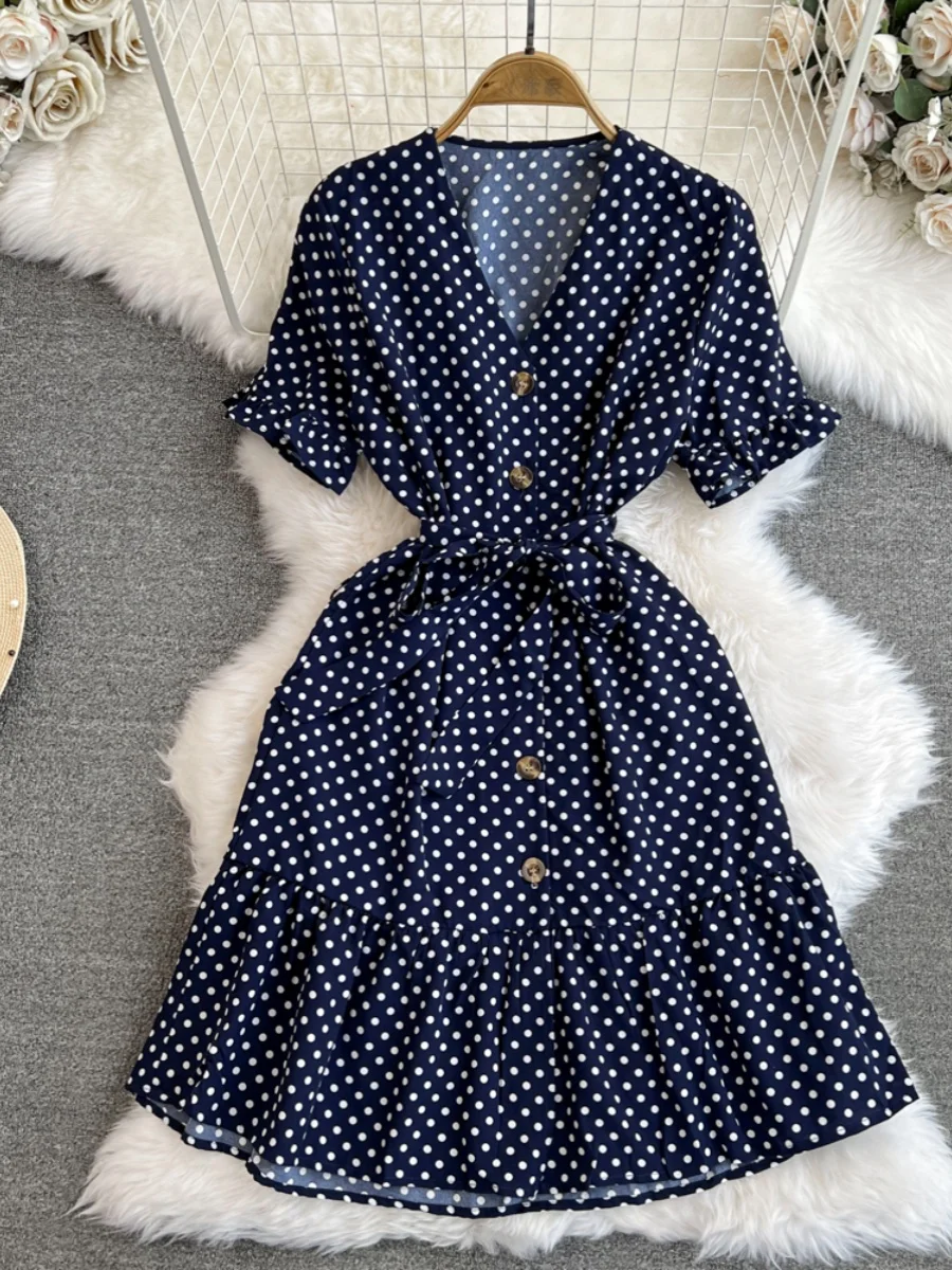 البولكا نقطة V-ne ort Sve ألف خط الدكتور مع حزام التخسيس العلاقات زر واحد ميدي الدكتور للشابات الربيع الصيف #3