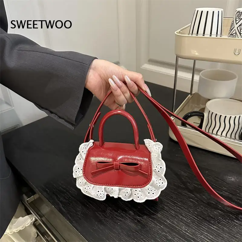 Women Sweet Mini Handbag Bow Ornament Lace Ruffle Edge Glossy Surface Portable Top Handle Purse Removable Crossbody Bag