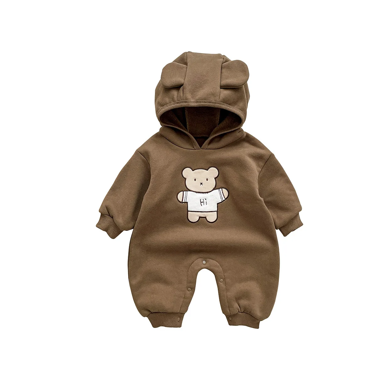 Ins Autumn Winter Baby Boy Romper Cotton Plus Velvet Long Sleeve Warm Newborn Boy Bodysuit Cartoon Bear Hooded Infant Boy Onesie