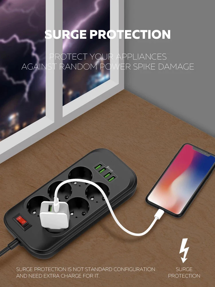 Power Strip Multitap Extension Cord Electrical Socket With 4 USB Ports Fast Charge Multiprise Network Filter Individual Switch.