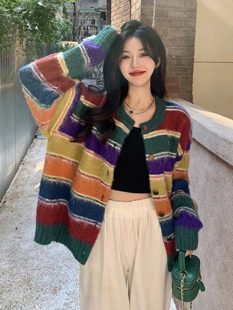 Striped Panelled Cardigan Women Harajuku Colorful Loose Sweet Cute Elegant Casual V-neck Autumn Clothing Sweater Korean Fashion