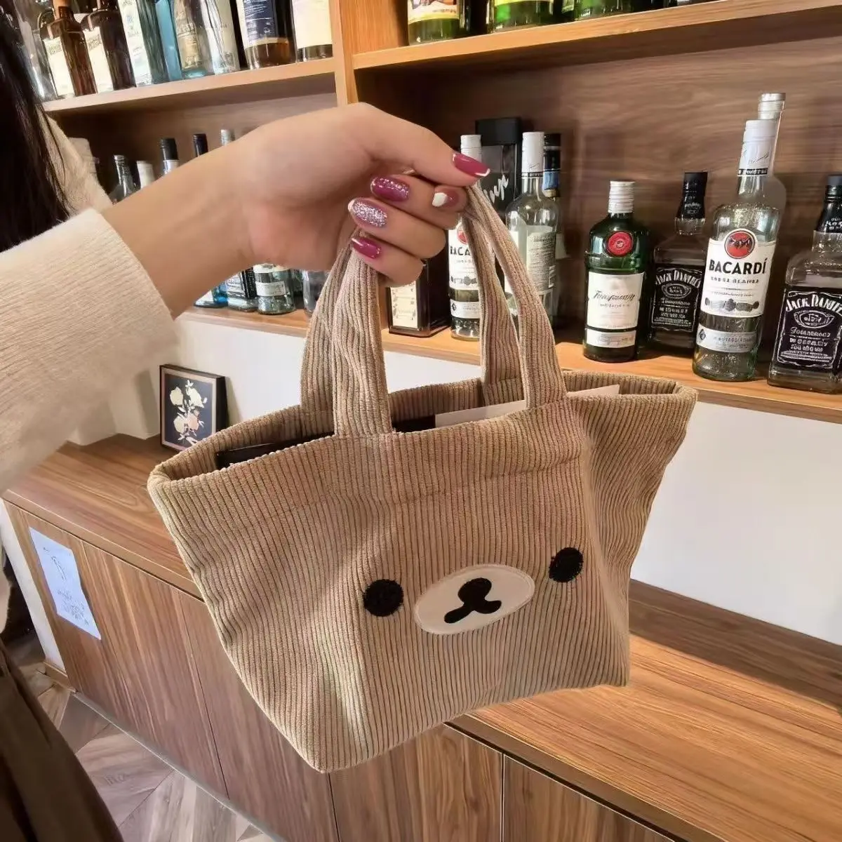 Anime Rilakkumaeds Tote Bag Portable Corduroy Bag Large Capacity Versatile Commuter Bag Handheld Storage Bag Makeup Bag Gifts