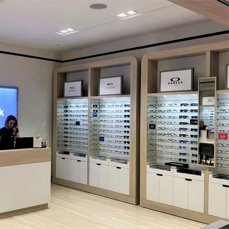 custom，Wooden Glass Eyewear Display Stand Display Shelf and Rack for Optical Shop Modern Optical Shop Counter with LED Light