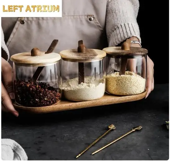 

Современная Простая Прозрачная Стеклянная Банка для Специй с Деревянной Подставкой, Кухонная Емкость для Соли и Перца, Декор для Дома