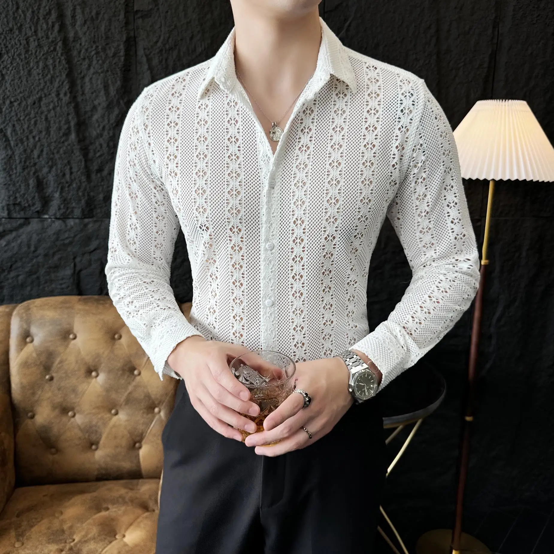 Autumn Slim Lace Hollow Out Long Sleeved Shirt for Men Casual Social Nightclub Sexy Shirt Stage Performance Costumes