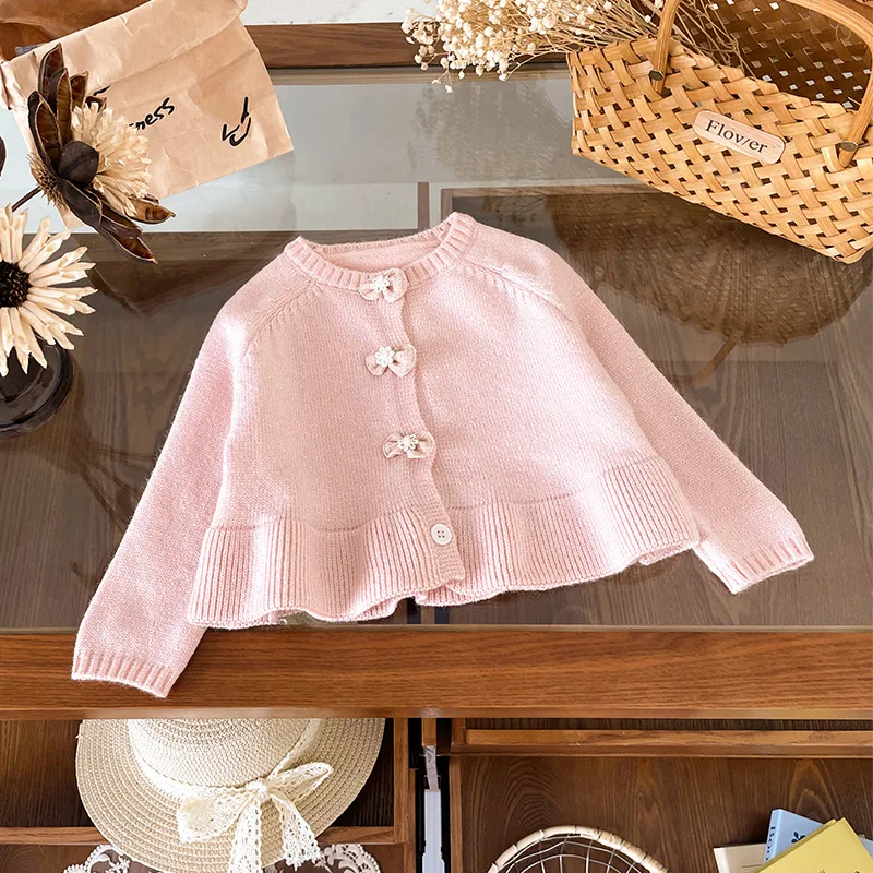 

Girls' Cardigan 2025 Autumn New Style Bow Button Loose Lazy Knit Sweater