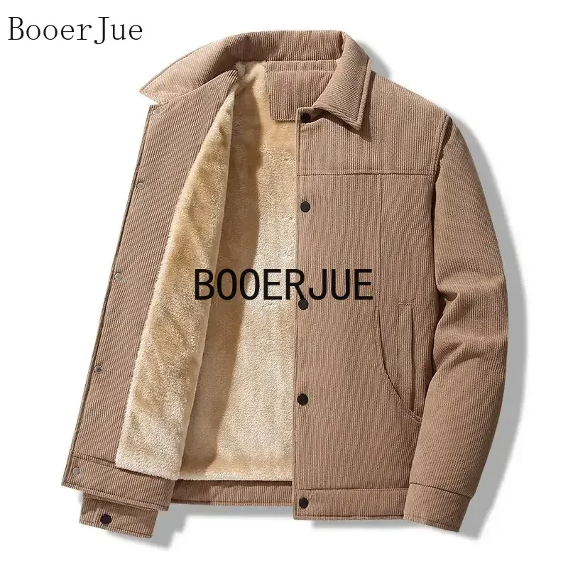 Men's Autumn Winter Corduroy Workwear Cotton Jacket Lapel Collar Fleece Lined Thickened Constant Temperature Warm Outerwear
