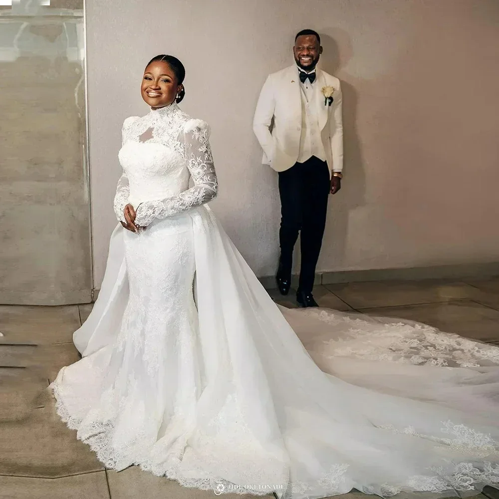 Customized High Collar African Lace Appliques  Mermaid Wedding Dress with Removable Skirt  Long Sleeves Country  Bridal Dress
