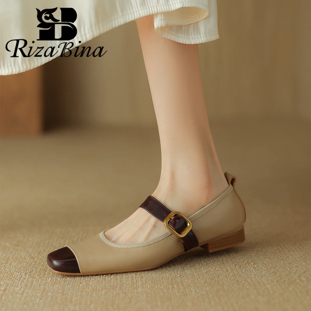 

RIZABINA Fashion Women's Pumps Cow Leather Round Toe Mixed Color Low Heel Flats Female Spring Summer Buckle Strap Comfort Shoes