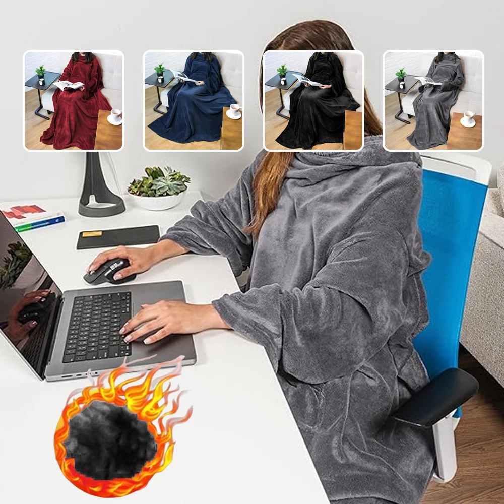 Winter Warm Lazy Sleeve Blanket Wearing Blankets Anti-Static Flannel TV Throw Blankets with Large Pockets for Home Sofa 겨울이불