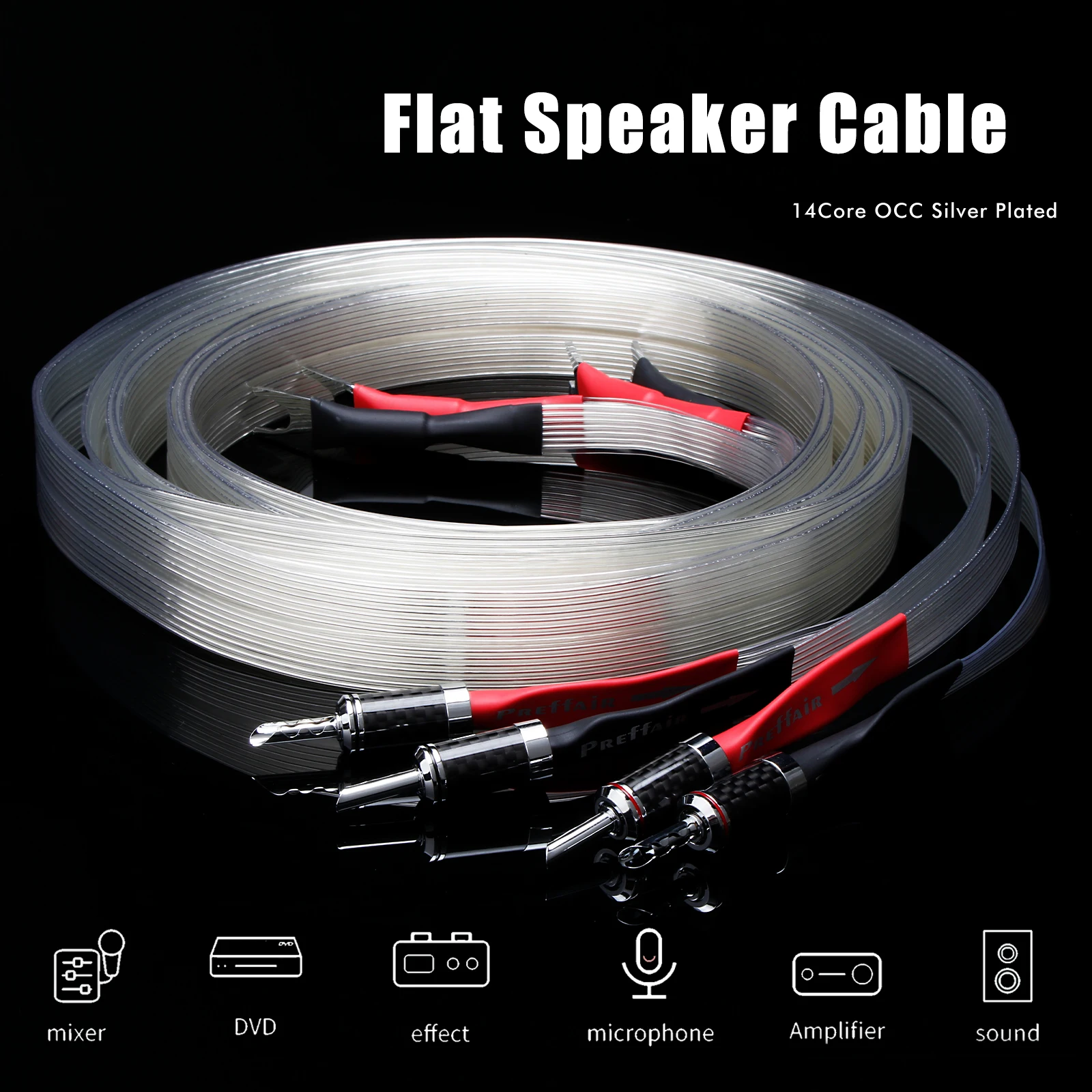 Pair Speaker Flat Wire Cable7N OCC Silver Plated Music Ribbon Loudspeaker Cable Audiophile with Carbon Fiber Banana Plug Y Spade