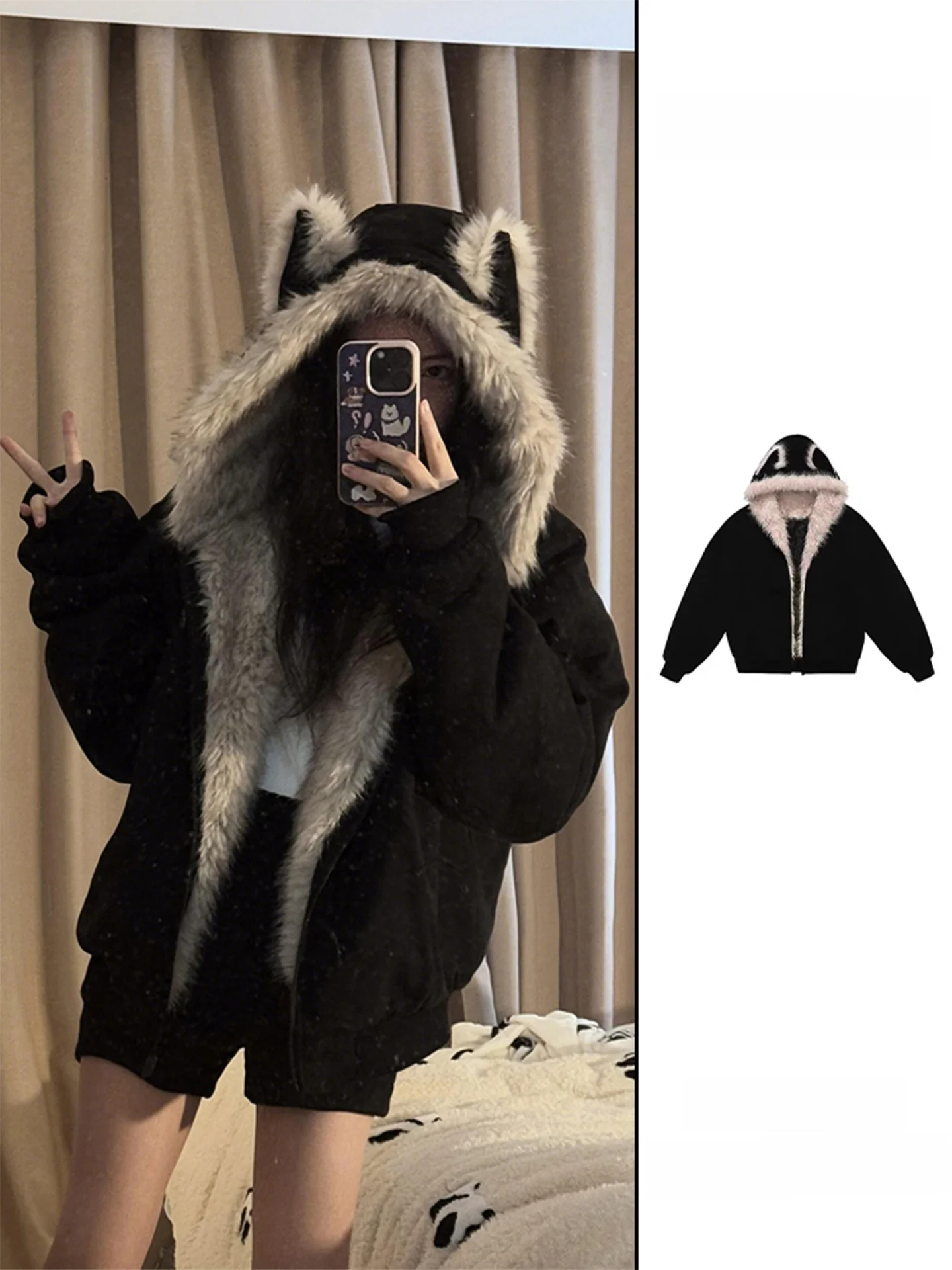 

Retro American Ear Fce Lined Thiened Winter Coat Women's Cotton Jaet with Hood Warm Fur Collar Trendy Commute Sle